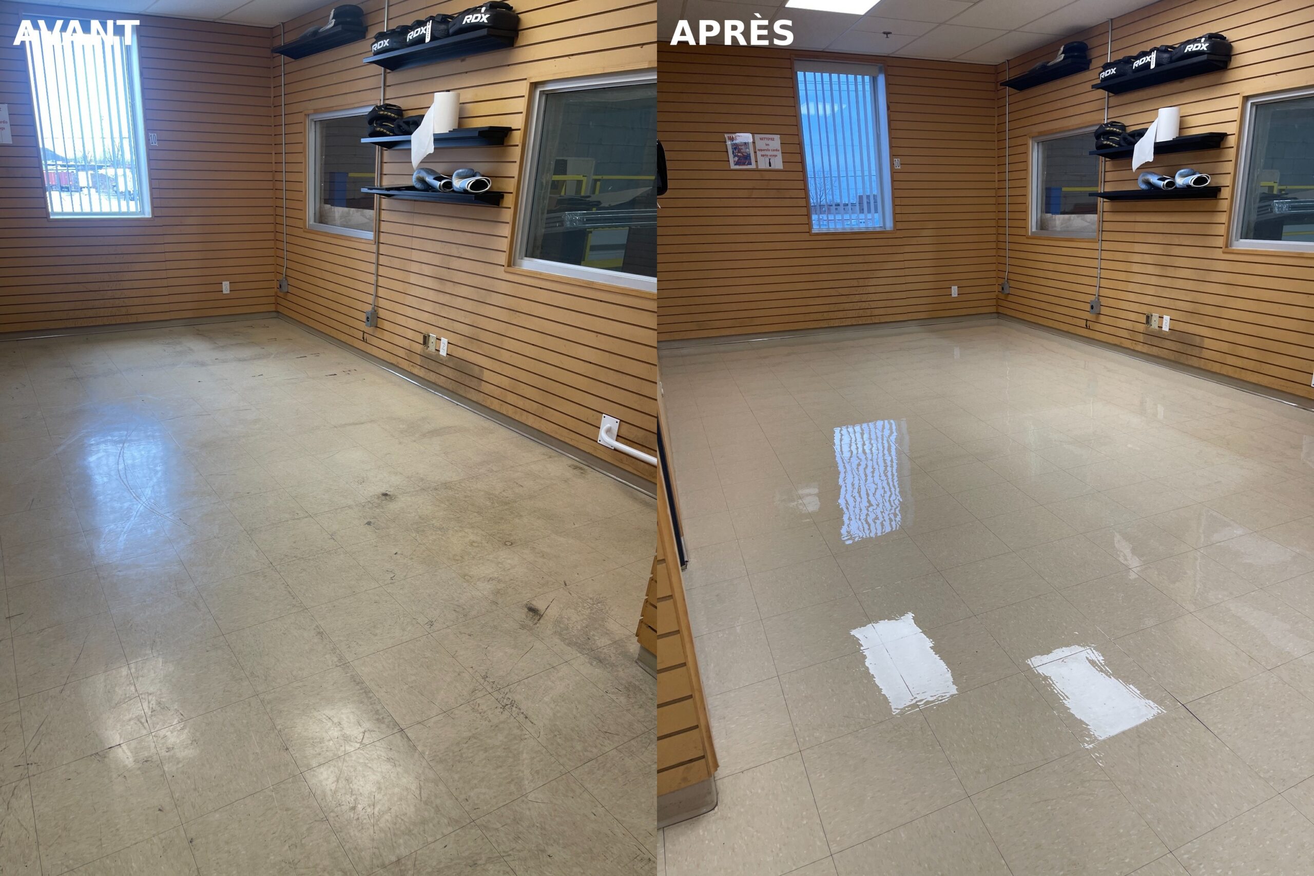 Floor stripping and waxing — restored shine on hard floor surface