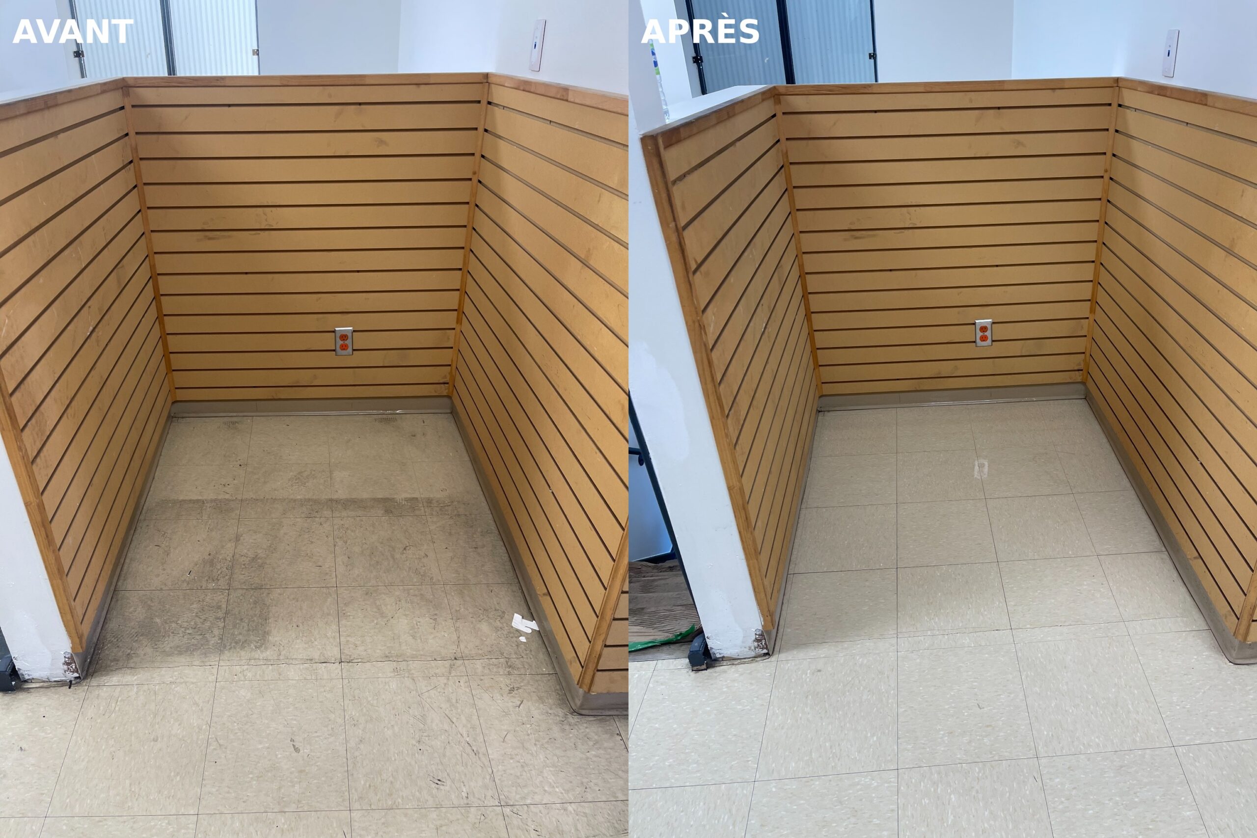 Stripped and polished floor revealing a clean, bright, like-new surface