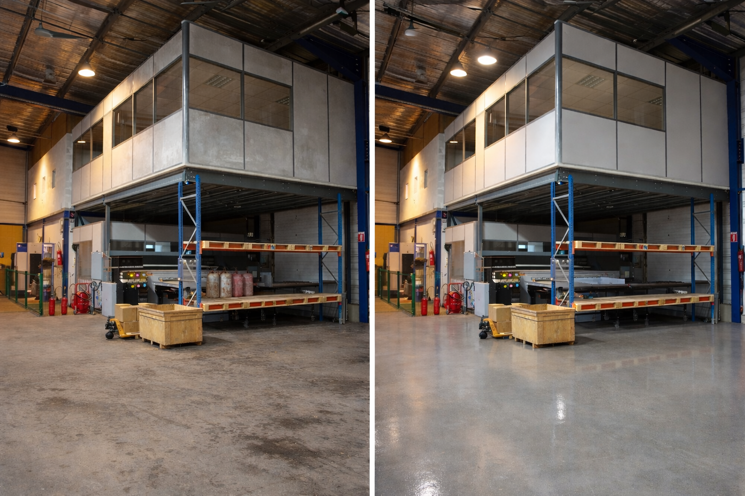 Factory floor cleaning — concrete and epoxy surfaces scrubbed, degreased and restored to a safe working condition